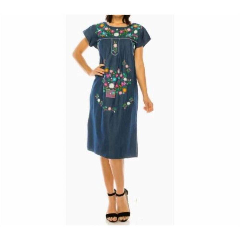 NEW UNIK colorful floral embroidered chambray midi dress in blue